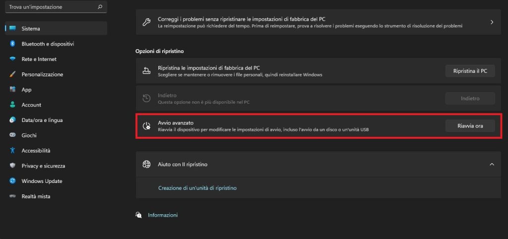 impostazioni windows 11 avvio avanzato