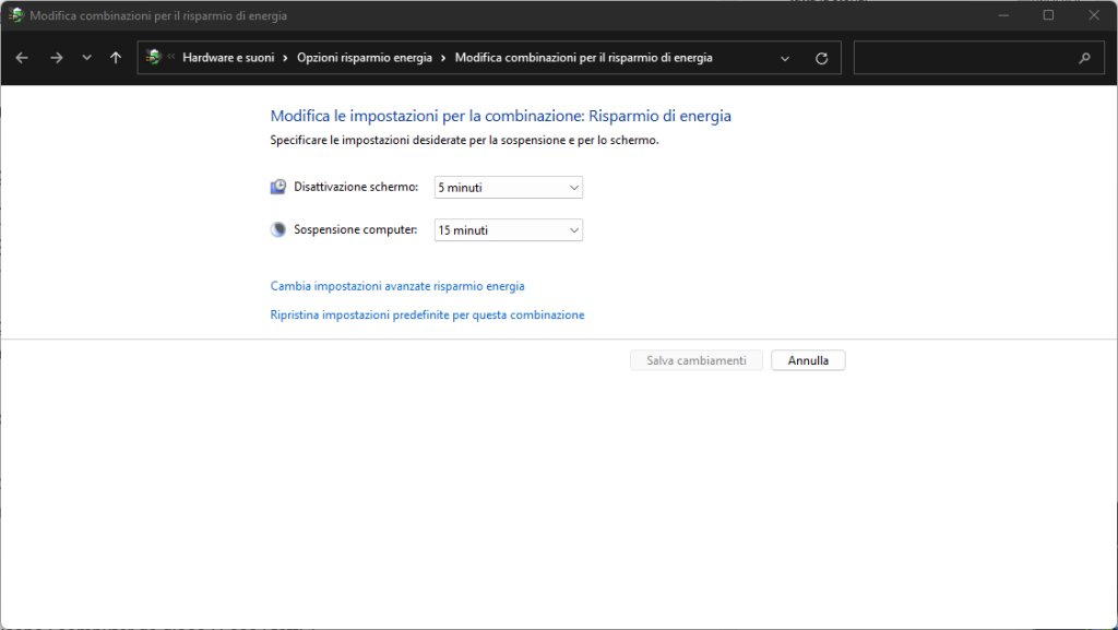 impostazioni risparmio energia windows