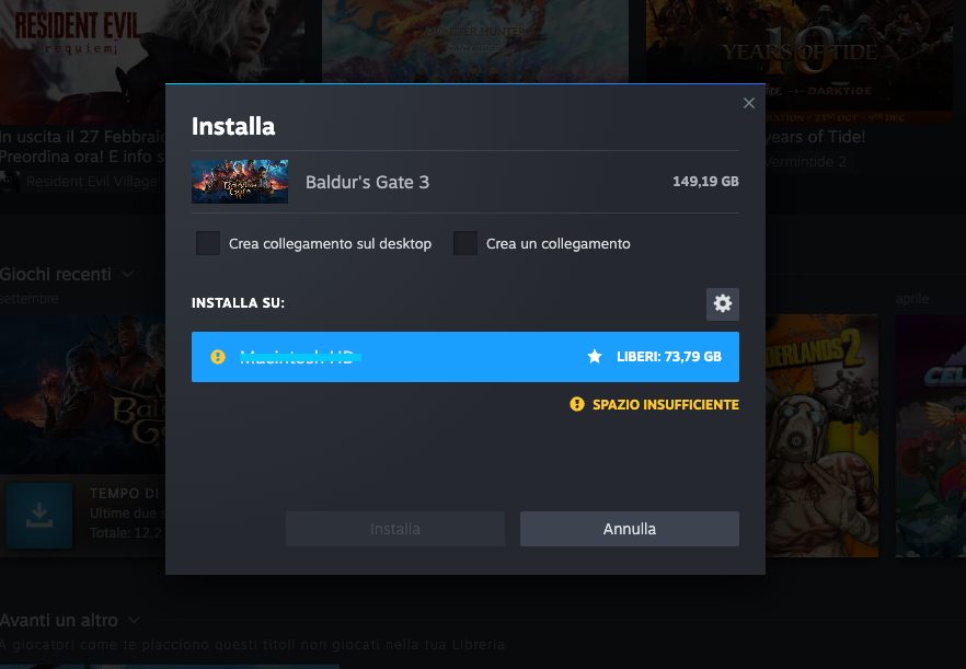 steam spazio insufficiente